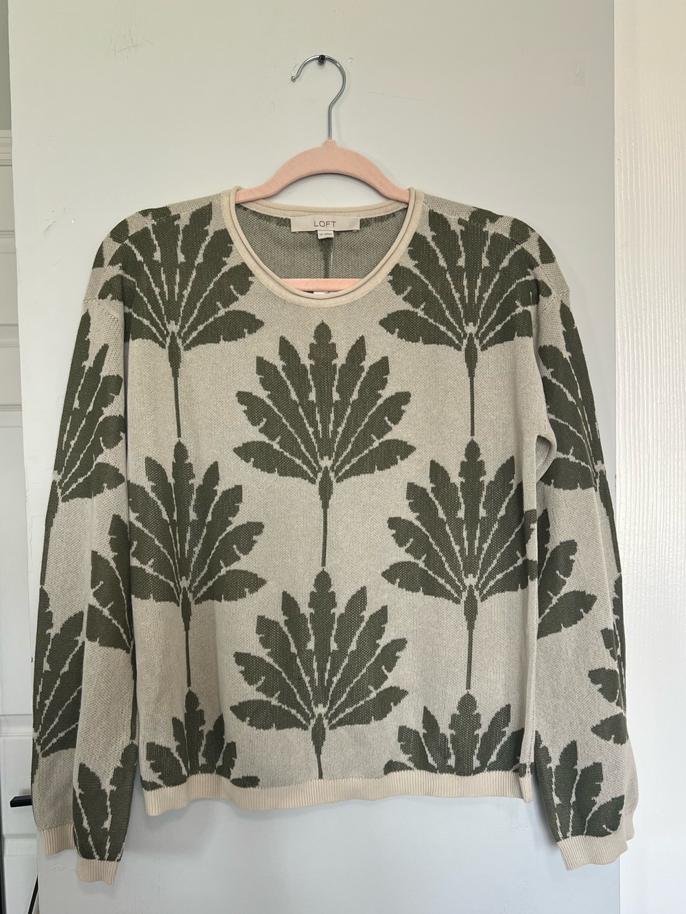 LOFT Cream and Olive Green Botanical Crewneck Sweater
